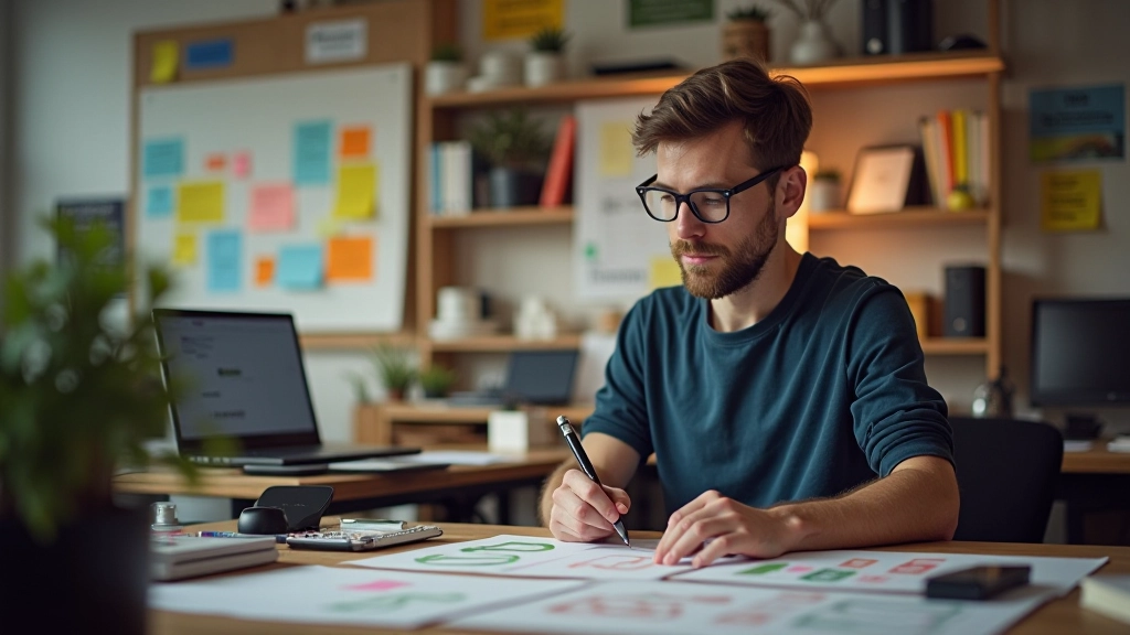 Designer werkt aan visuele storyboard met post-its en schetsblok op bureau, creatieve werkruimte