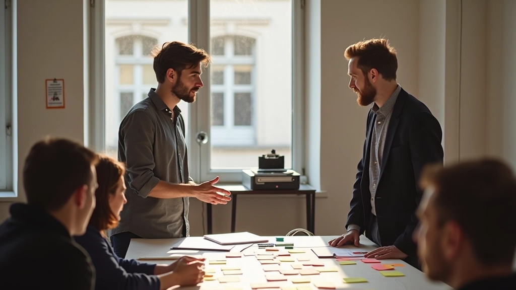 Groep diverse mensen in creatieve workshop omgeving, discussiëren en brainstormen rond tafel