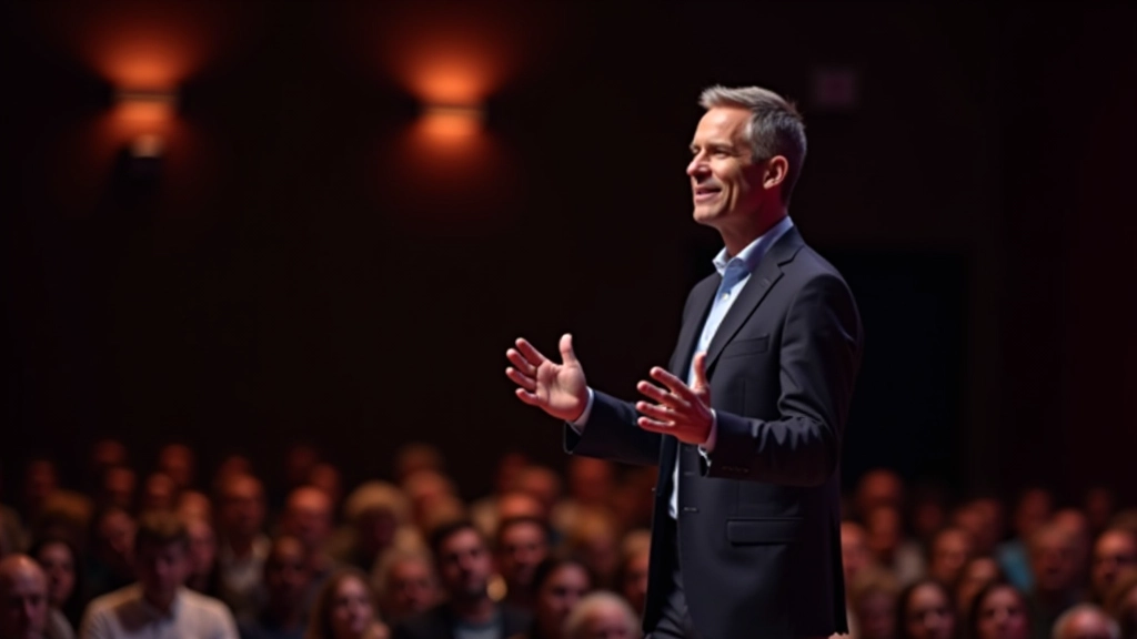 Spreker op podium die met handen gebaren maakt, publiek in onscherp op achtergrond, warm podiumlicht, dynamisch moment