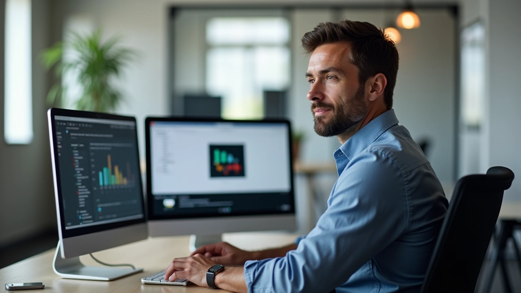 Persoon die aan presentatieslides werkt op grote monitoren in modern kantoor