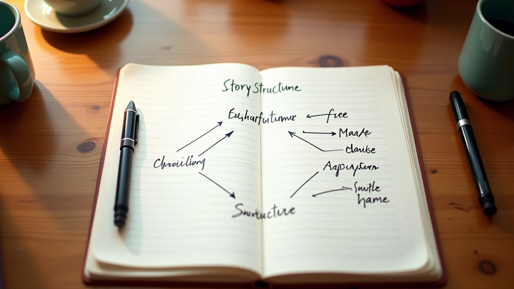Vogeloogperspectief van notitieblok met handgeschreven acten en pijlen die de verhaalstructuur tonen