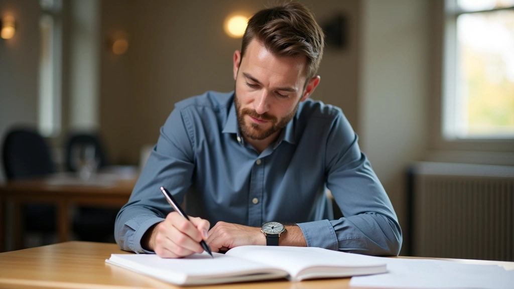 Persoon die aan een bureau zit en spreeknoties schrijft, pen en papier, focus op denkproces en voorbereiding