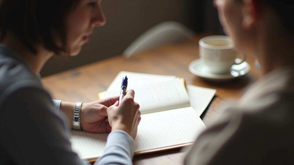 Persoon die notitieboekje leest terwijl hij noteert op houten bureau met pen en kopje thee