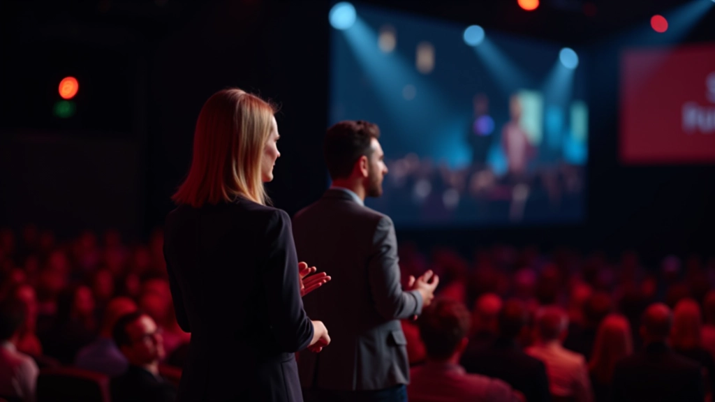 Professionele spreker die een impactvolle presentatie geeft met moderne visuele ondersteuning