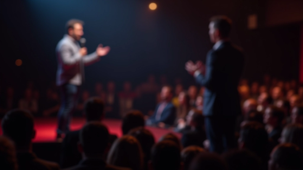 Presentator voert improvisatie uit op podium, dynamische beweging, publiek zichtbaar in onscherp