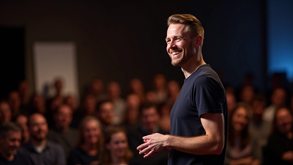 Spreker met glimlach in ontspannen moment met publiek, lichte sfeer, interactie