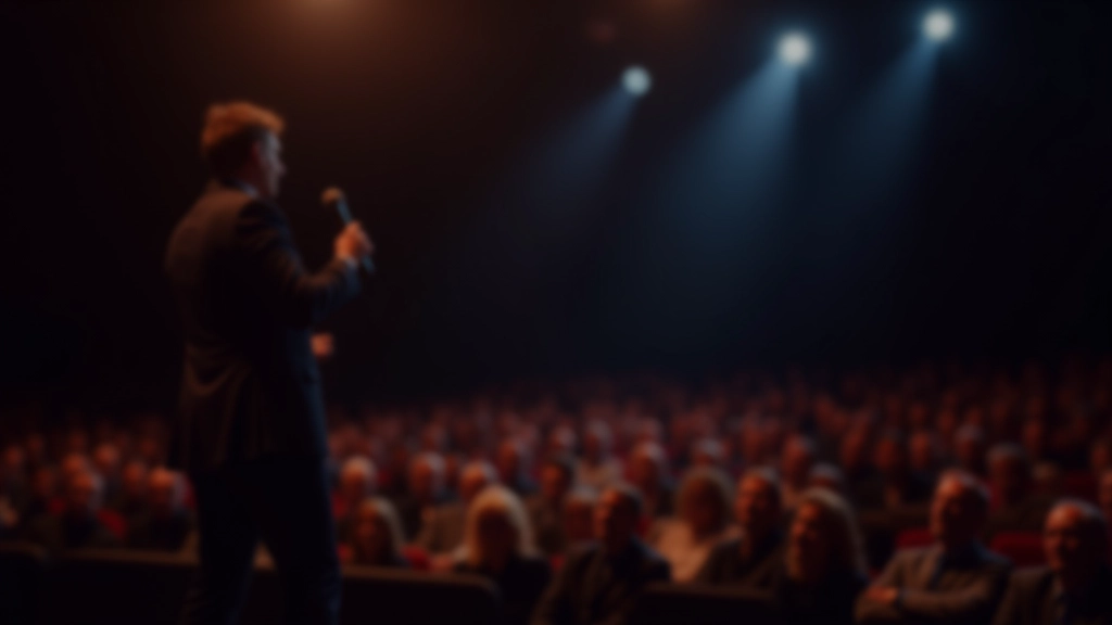 Spreker op podium met groot publiek in auditoriumi, professionele verlichting, scherpe focus