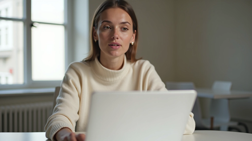 Persoon kijkt gefocust naar laptop scherm in rustig kantoor, notities op bureau