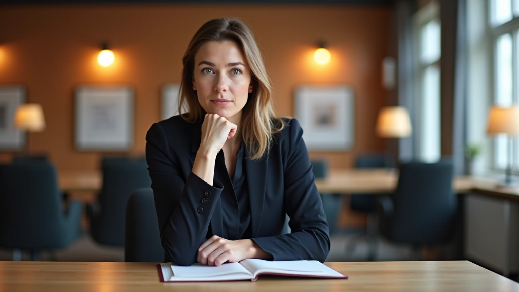 Persoon zit aan bureau en denkt na met pen in hand, warme kantoorlicht, inspirerend werkplek
