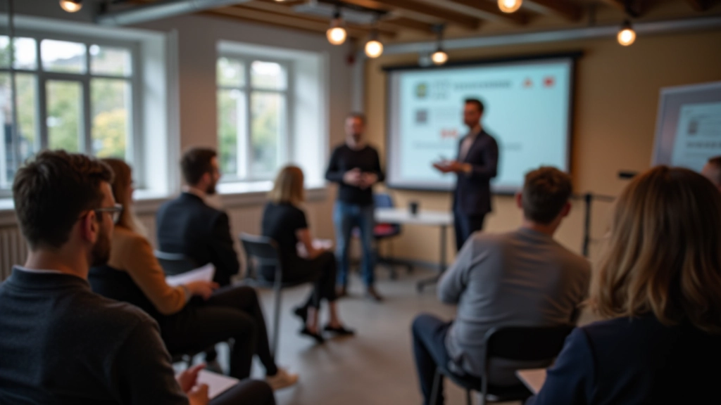 Interactieve workshop waarbij sprekers oefenen met presentatietechnieken en visuele slides